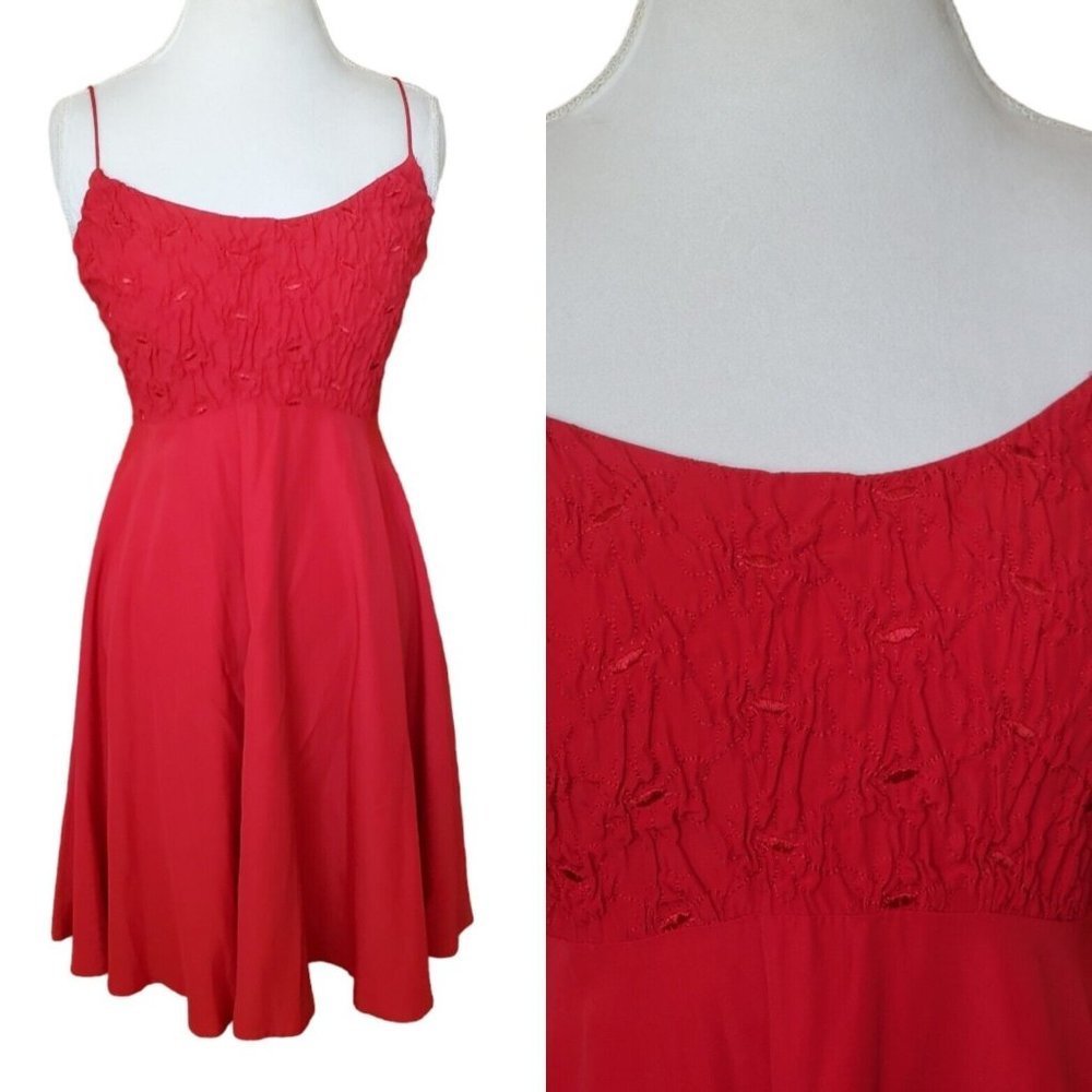 Vintage 90s Red Smocked Babydoll Mini Dress Spaghetti Strap Medium 8 10